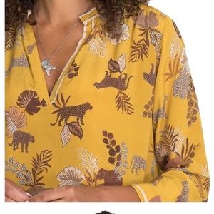 Johnny Was 100% Silk Mustard Safari Jungle Animal Tunic Top Blouse size Large